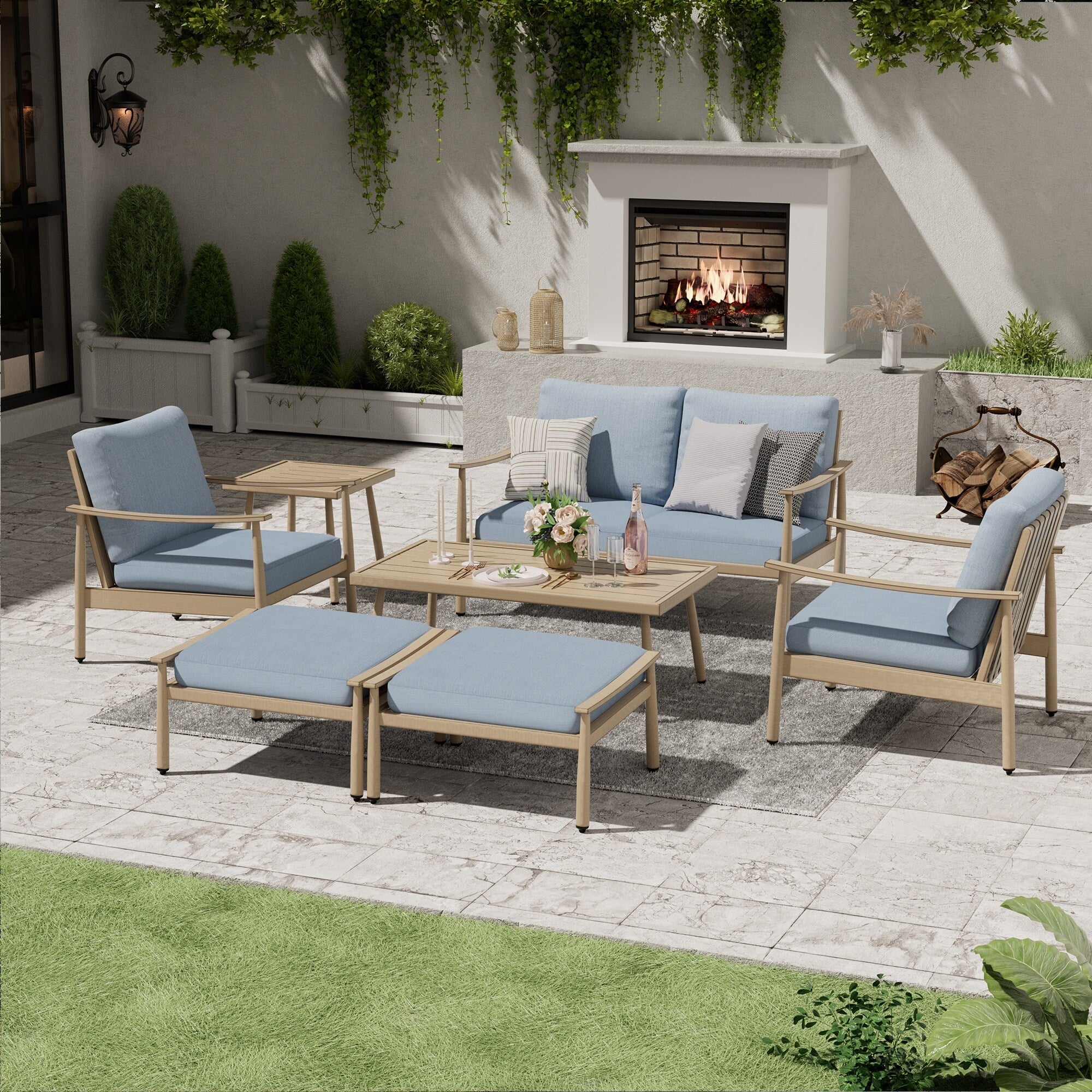 Ensemble de conversation de patio en aluminium 7 pièces, causeuse avec poufs et table basse
