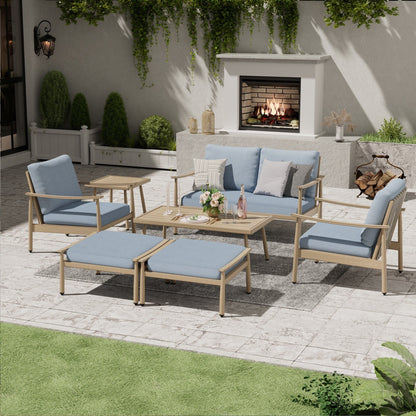 Ensemble de conversation de patio en aluminium 7 pièces, causeuse avec poufs et table basse