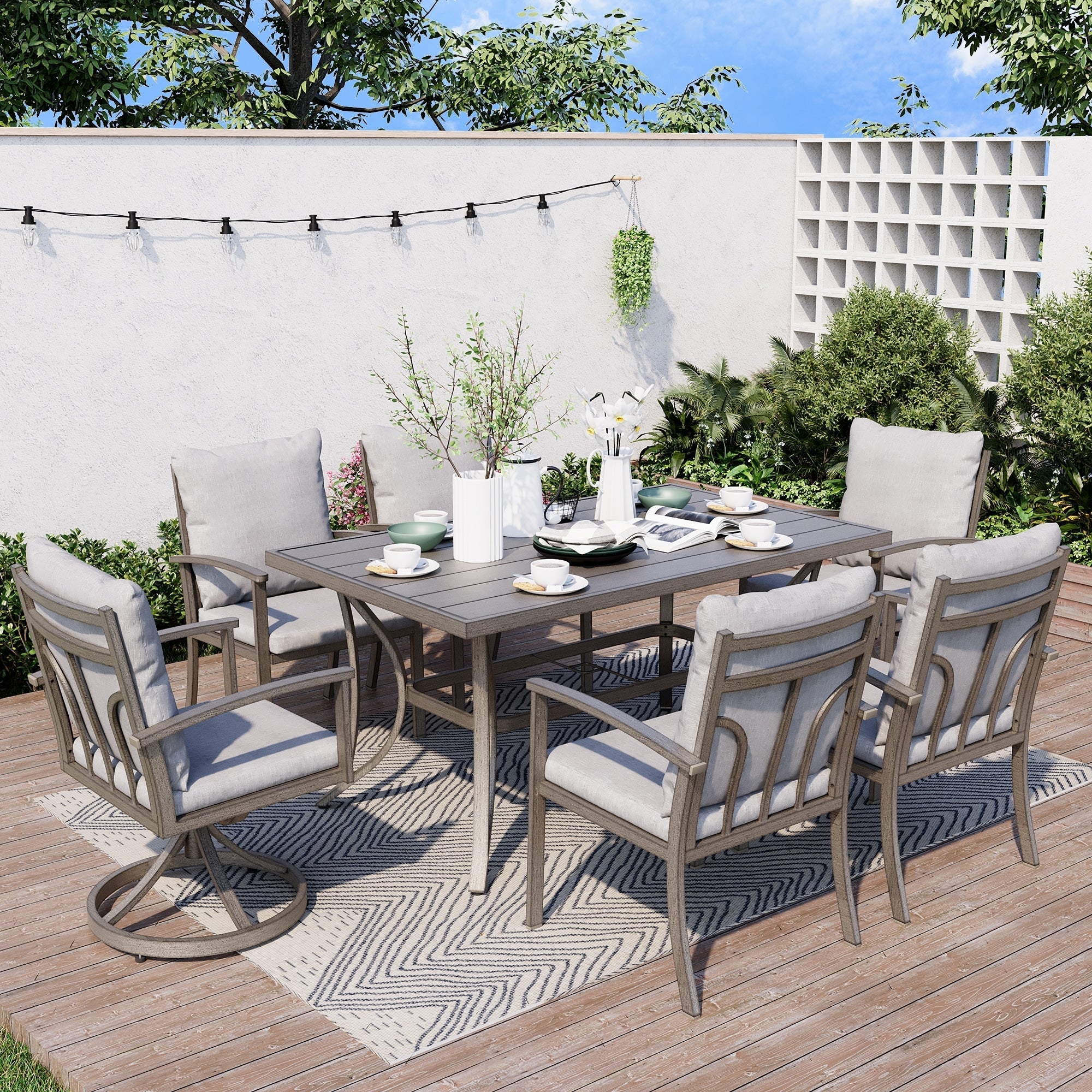 Ensemble de salle à manger de patio en aluminium 7 pièces avec 2 chaises pivotantes et 4 chaises de salle à manger et coussins lavables