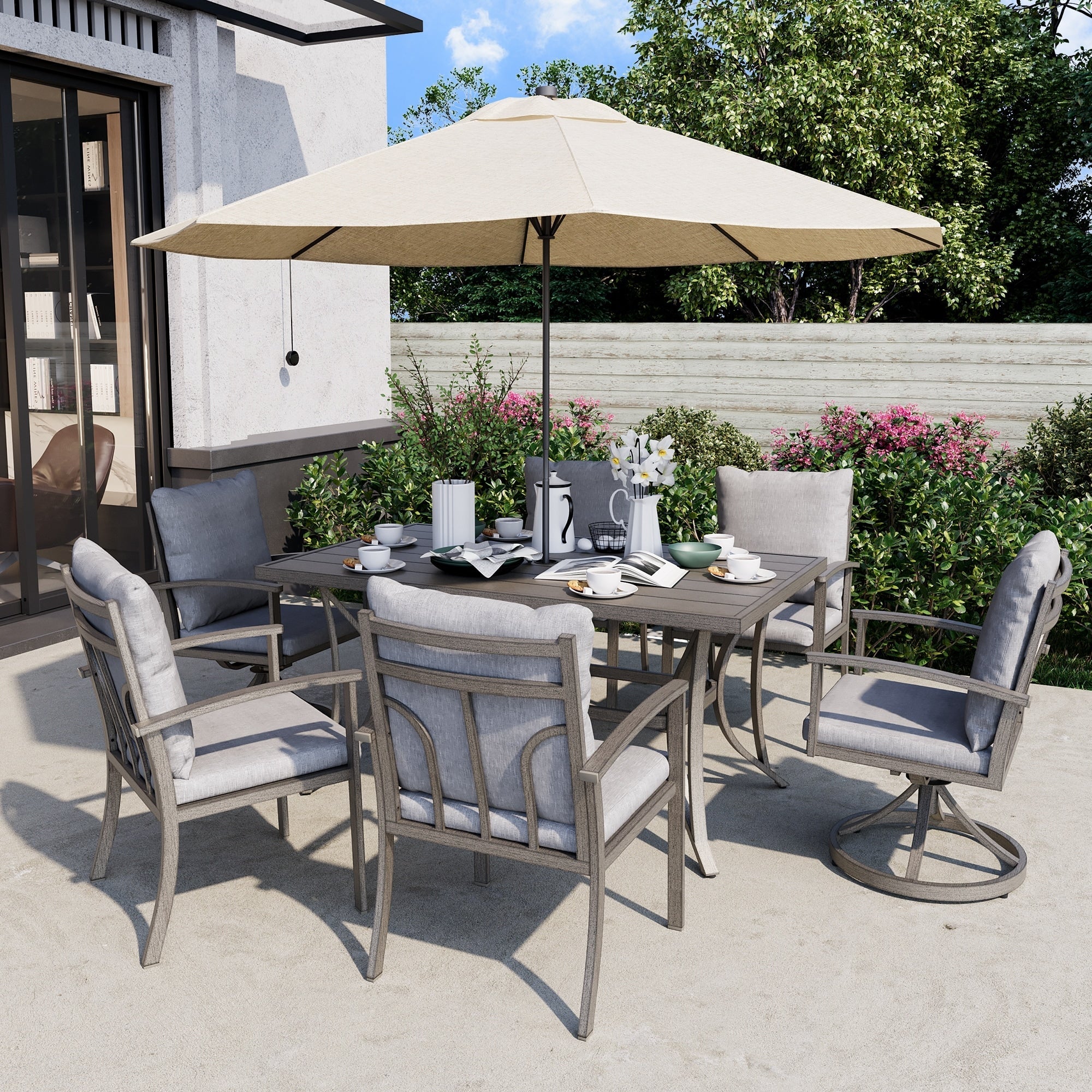 Ensemble de salle à manger de patio en aluminium 7 pièces avec 2 chaises pivotantes et 4 chaises de salle à manger et coussins lavables