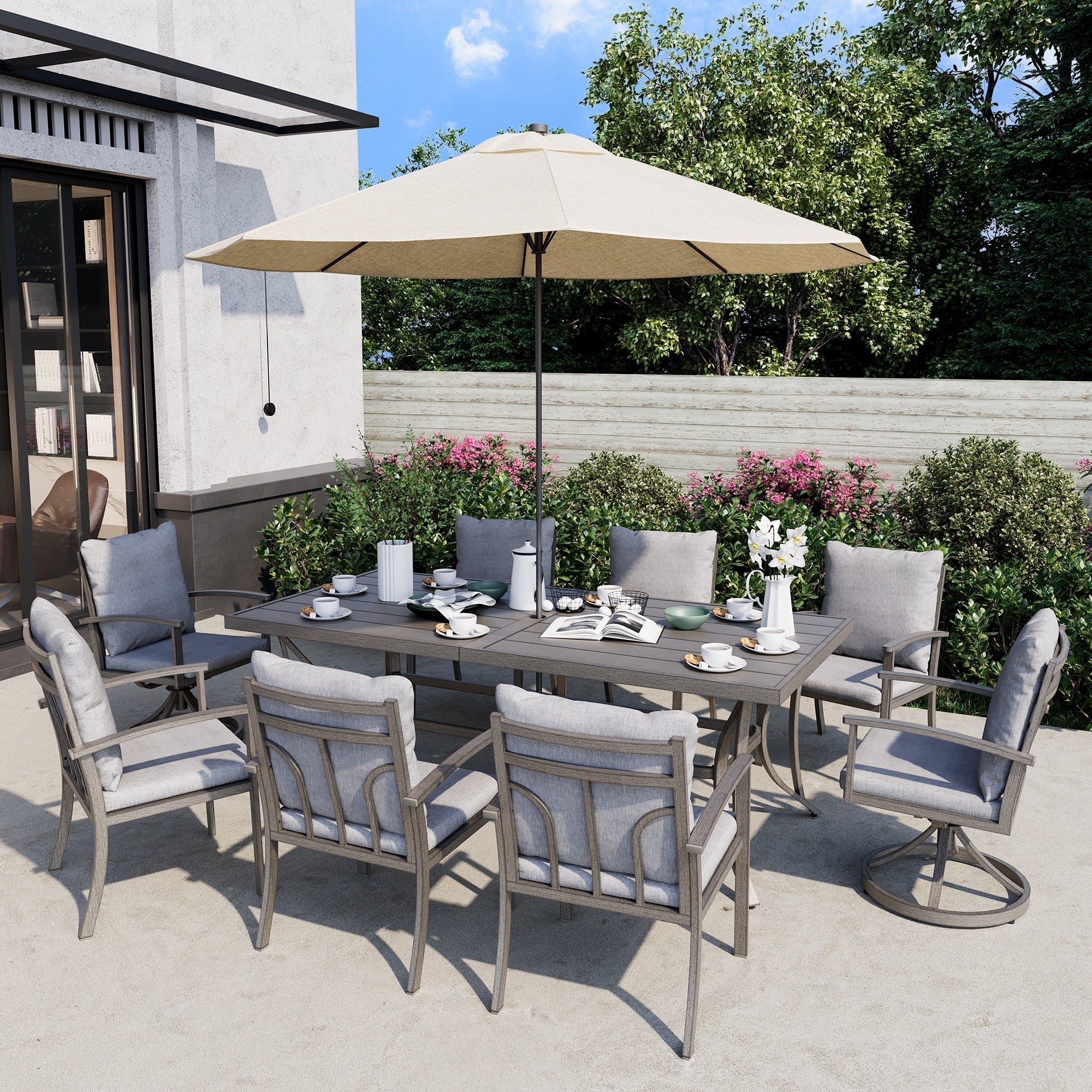 Ensemble de salle à manger de patio en aluminium 9 pièces avec 2 chaises pivotantes et 6 chaises de salle à manger et coussins lavables