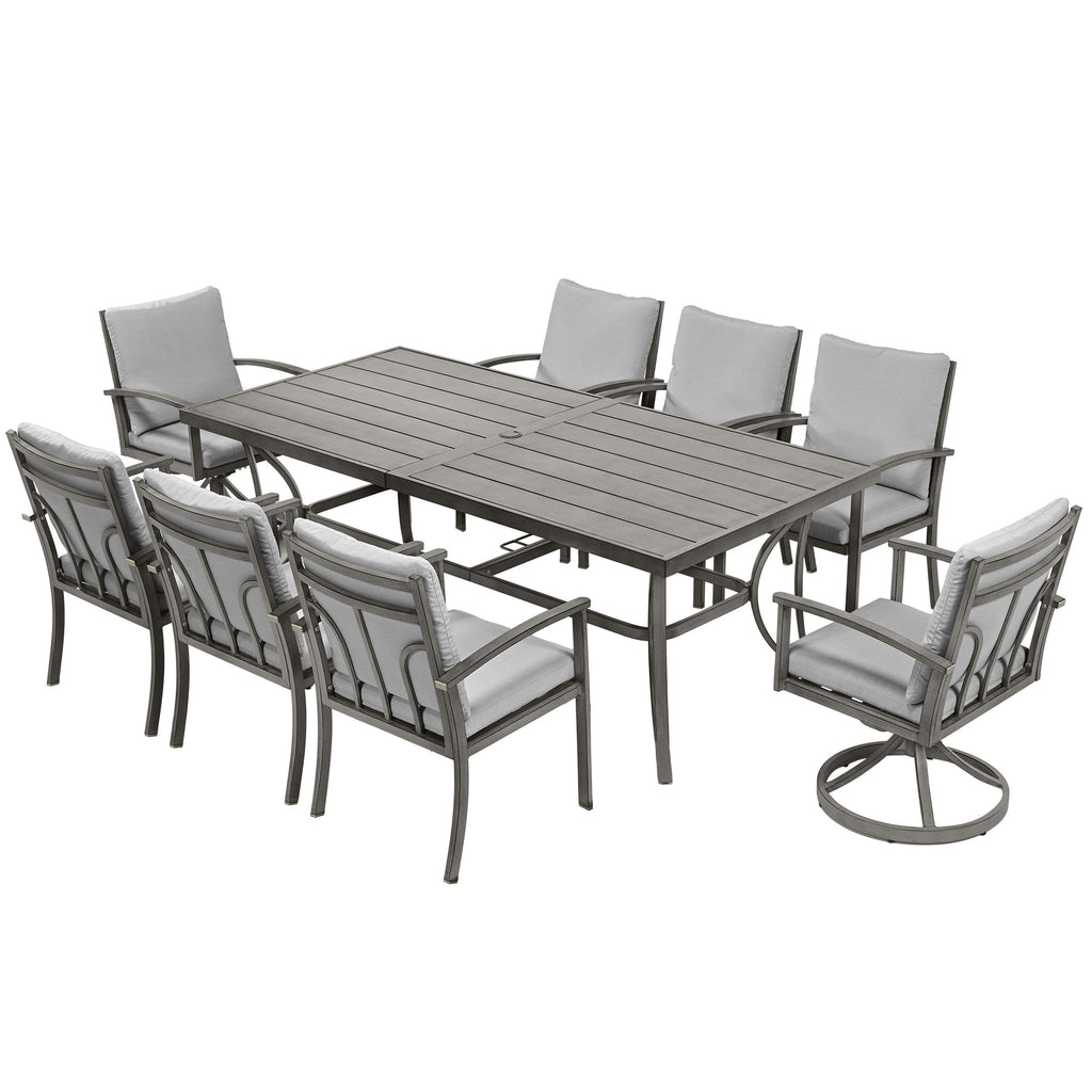 Ensemble de salle à manger de patio en aluminium 9 pièces avec 2 chaises pivotantes et 6 chaises de salle à manger et coussins lavables