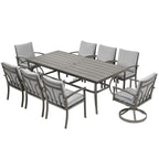 Ensemble de salle à manger de patio en aluminium 9 pièces avec 2 chaises pivotantes et 6 chaises de salle à manger et coussins lavables