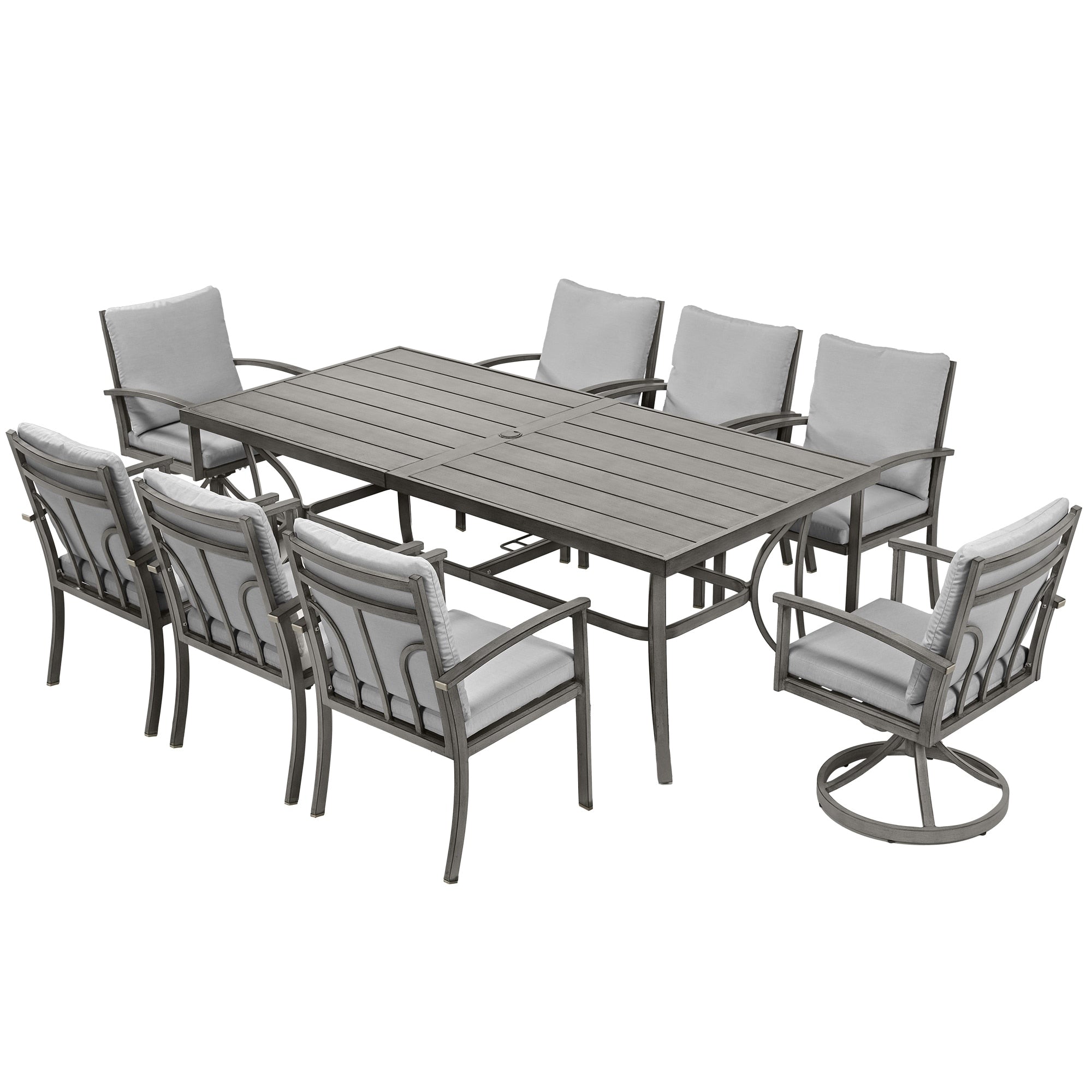 Ensemble de salle à manger de patio en aluminium 9 pièces avec 2 chaises pivotantes et 6 chaises de salle à manger et coussins lavables