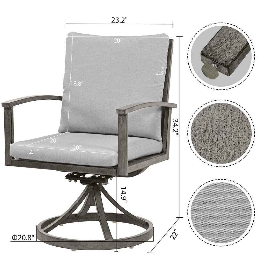 Ensemble de salle à manger de patio en aluminium 9 pièces avec 2 chaises pivotantes et 6 chaises de salle à manger et coussins lavables
