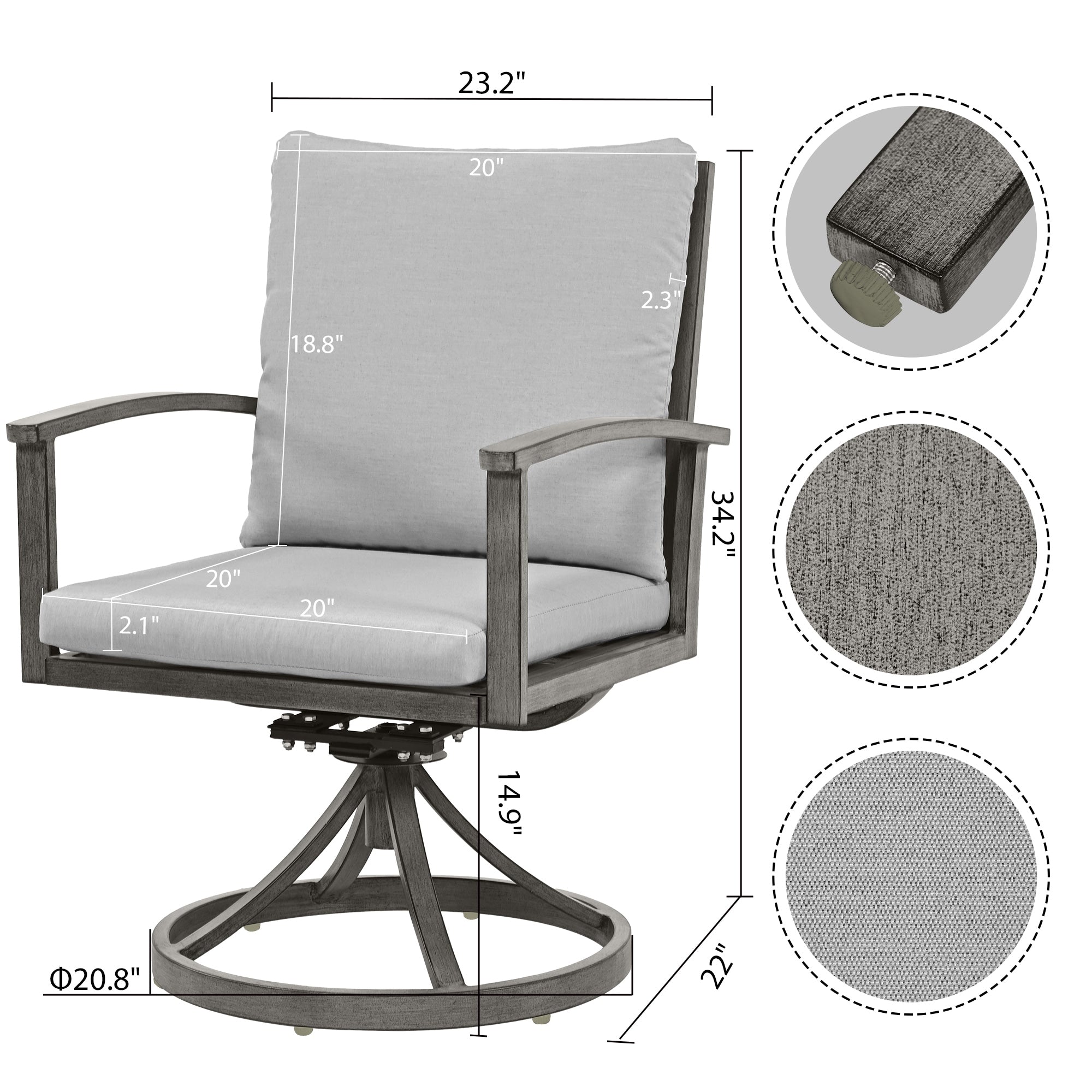 Ensemble de salle à manger de patio en aluminium 9 pièces avec 2 chaises pivotantes et 6 chaises de salle à manger et coussins lavables