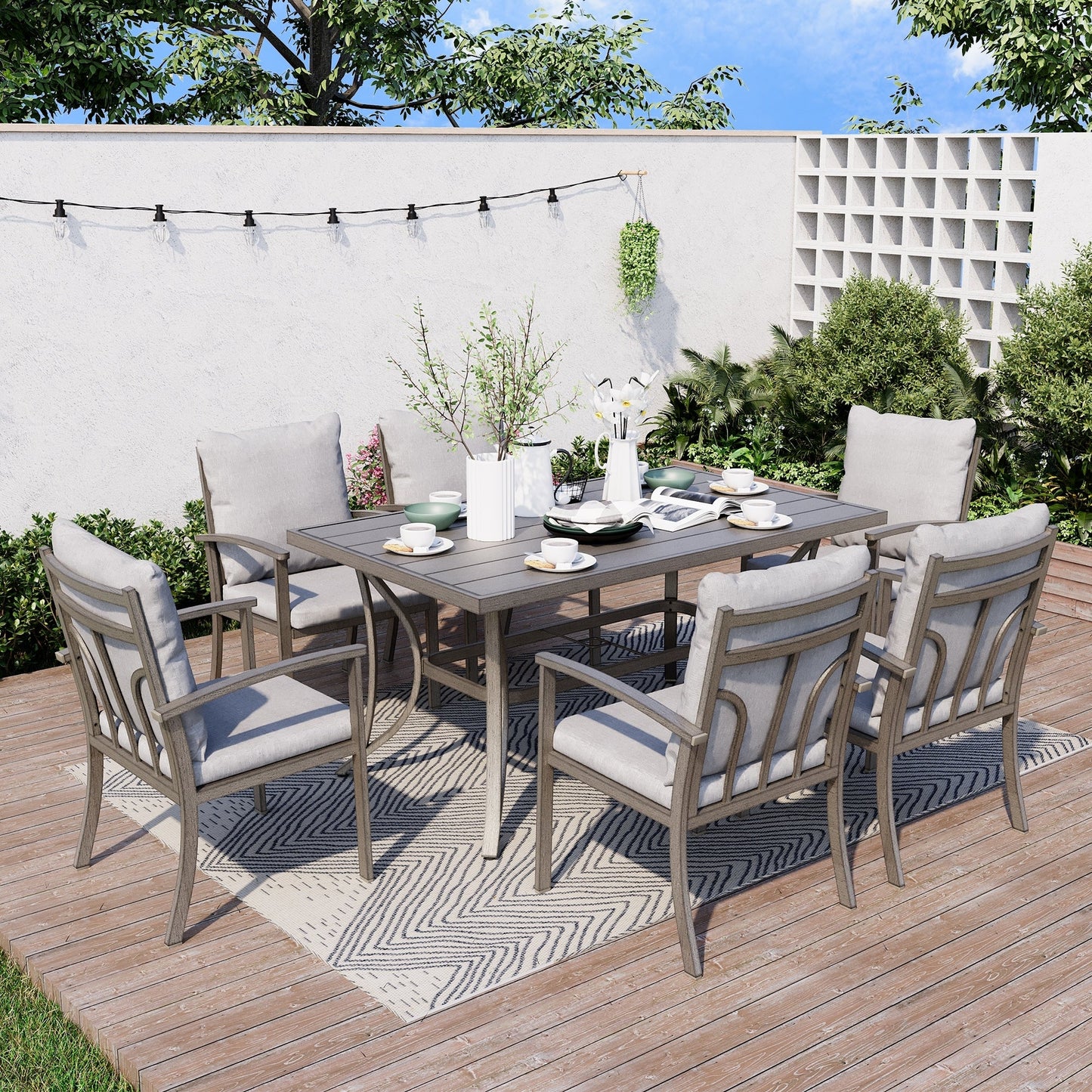Ensemble de salle à manger de patio en aluminium 7 pièces avec table et coussins lavables gris clair