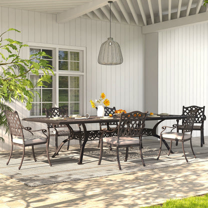 Ensemble de salle à manger d'extérieur 7 pièces en fonte d'aluminium bronze antique avec coussins et trou pour parasol