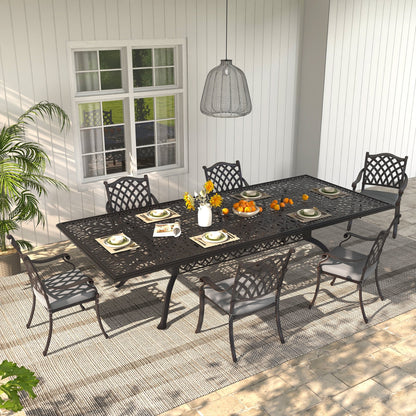 Ensemble de salle à manger d'extérieur 7 pièces en fonte d'aluminium bronze antique avec coussins et trou pour parasol