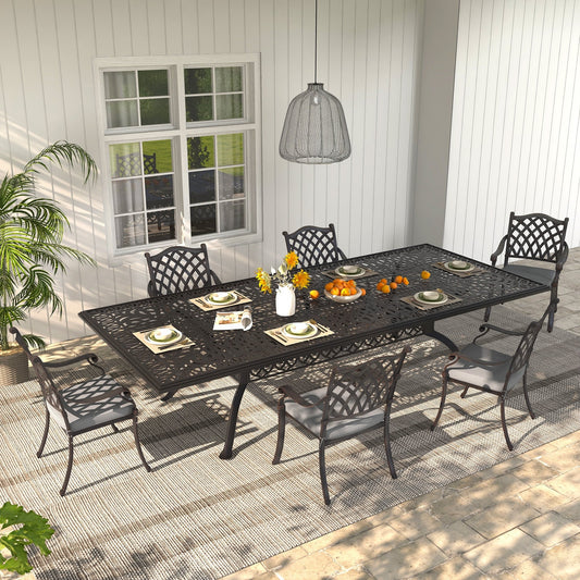 Ensemble de salle à manger d'extérieur 7 pièces en fonte d'aluminium bronze antique avec coussins et trou pour parasol