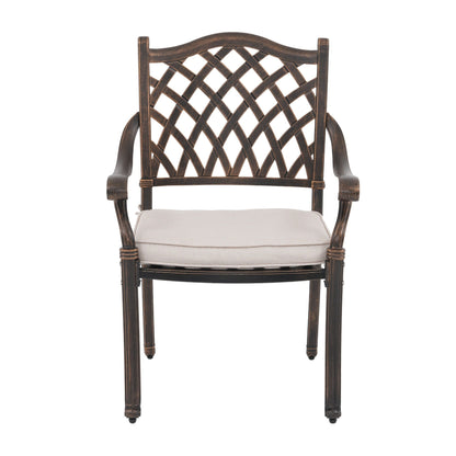 Ensemble de salle à manger d'extérieur 7 pièces en fonte d'aluminium bronze antique avec coussins et trou pour parasol
