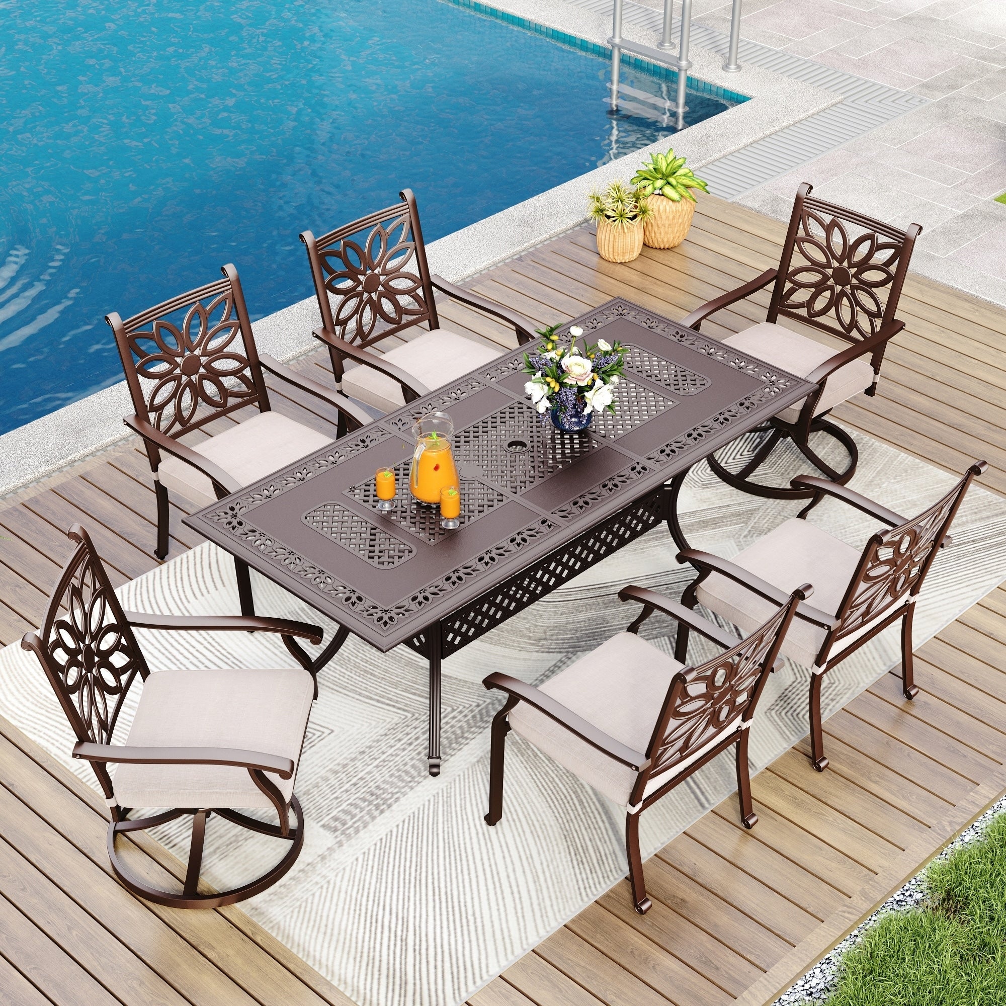 Ensemble de salle à manger de patio en aluminium moulé 7 pièces MAISON ARTS avec table rectangulaire extensible et 6 chaises en aluminium moulé