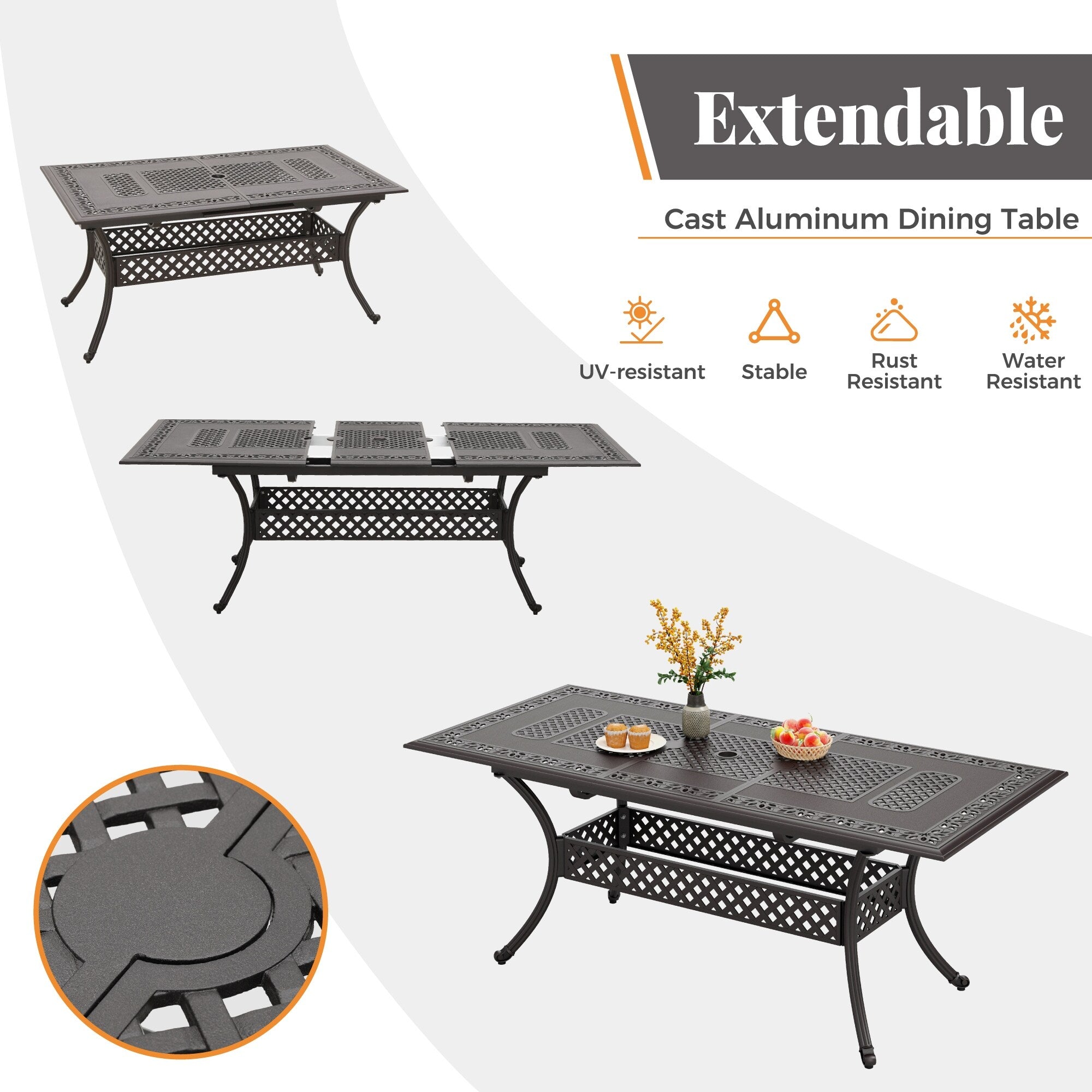 Ensemble de salle à manger de patio en aluminium moulé 7 pièces MAISON ARTS avec table rectangulaire extensible et 6 chaises en aluminium moulé
