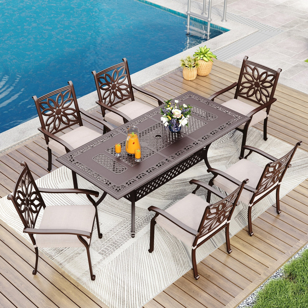Ensemble de salle à manger de patio en aluminium moulé 7 pièces MAISON ARTS avec table rectangulaire extensible et 6 chaises en aluminium moulé