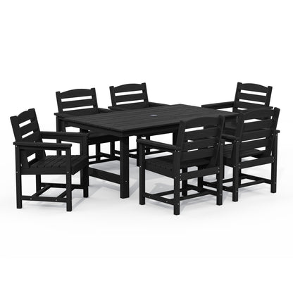 Ensemble de 7 tables à manger d'extérieur en PEHD avec trou pour parasol - 1 table et 6 chaises