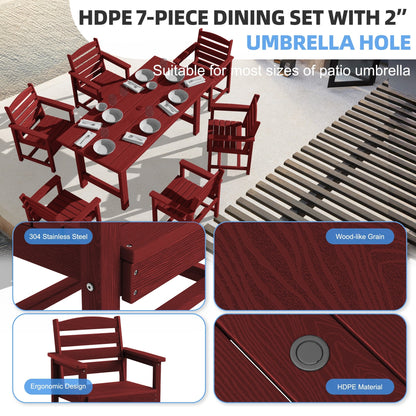 Ensemble de 7 tables à manger d'extérieur en PEHD avec trou pour parasol - 1 table et 6 chaises