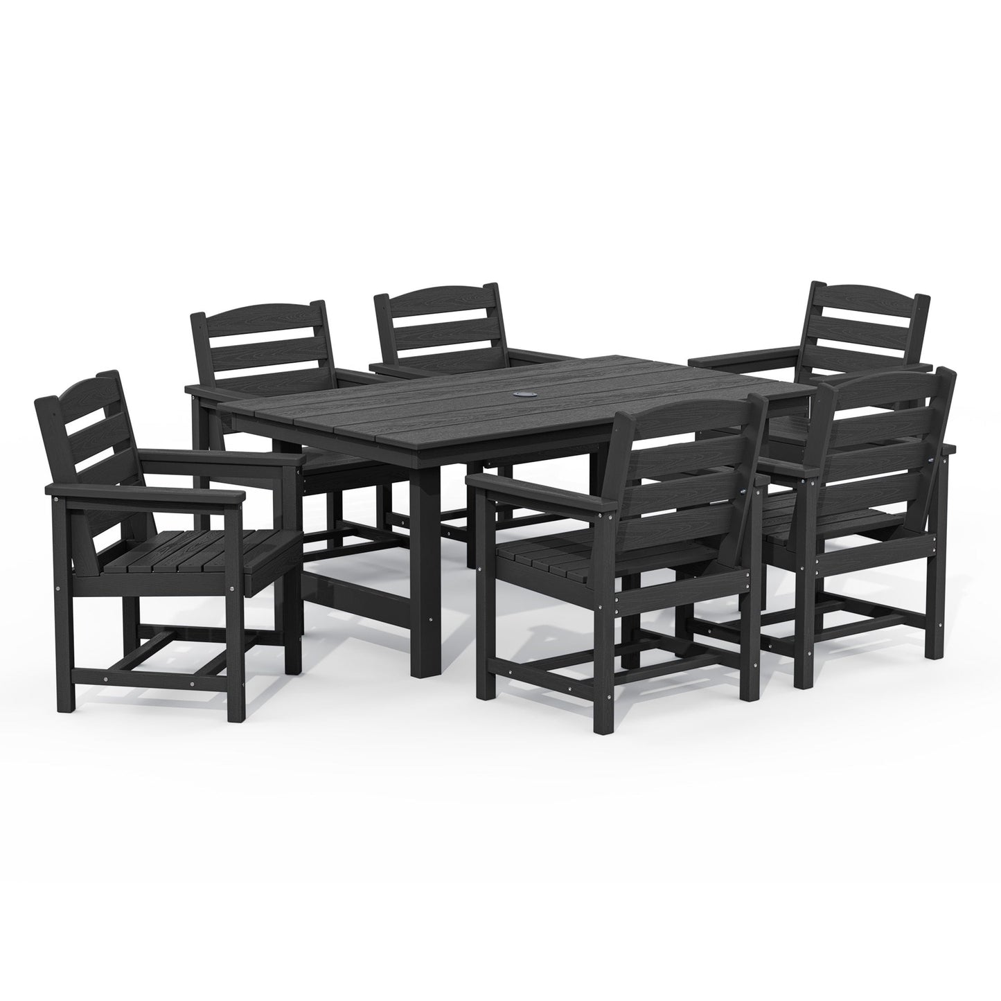 Ensemble de 7 tables à manger d'extérieur en PEHD avec trou pour parasol - 1 table et 6 chaises