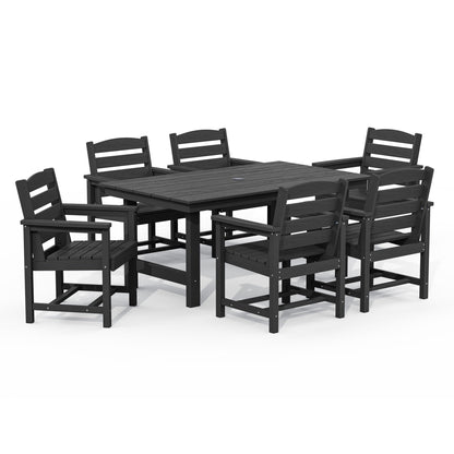 Ensemble de 7 tables à manger d'extérieur en PEHD avec trou pour parasol - 1 table et 6 chaises