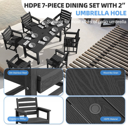 Ensemble de 7 tables à manger d'extérieur en PEHD avec trou pour parasol - 1 table et 6 chaises