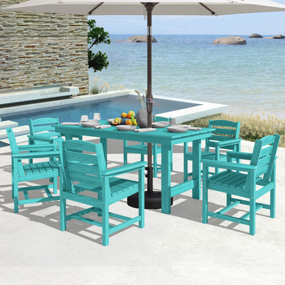 Ensemble de 7 tables à manger d'extérieur en PEHD avec trou pour parasol - 1 table et 6 chaises