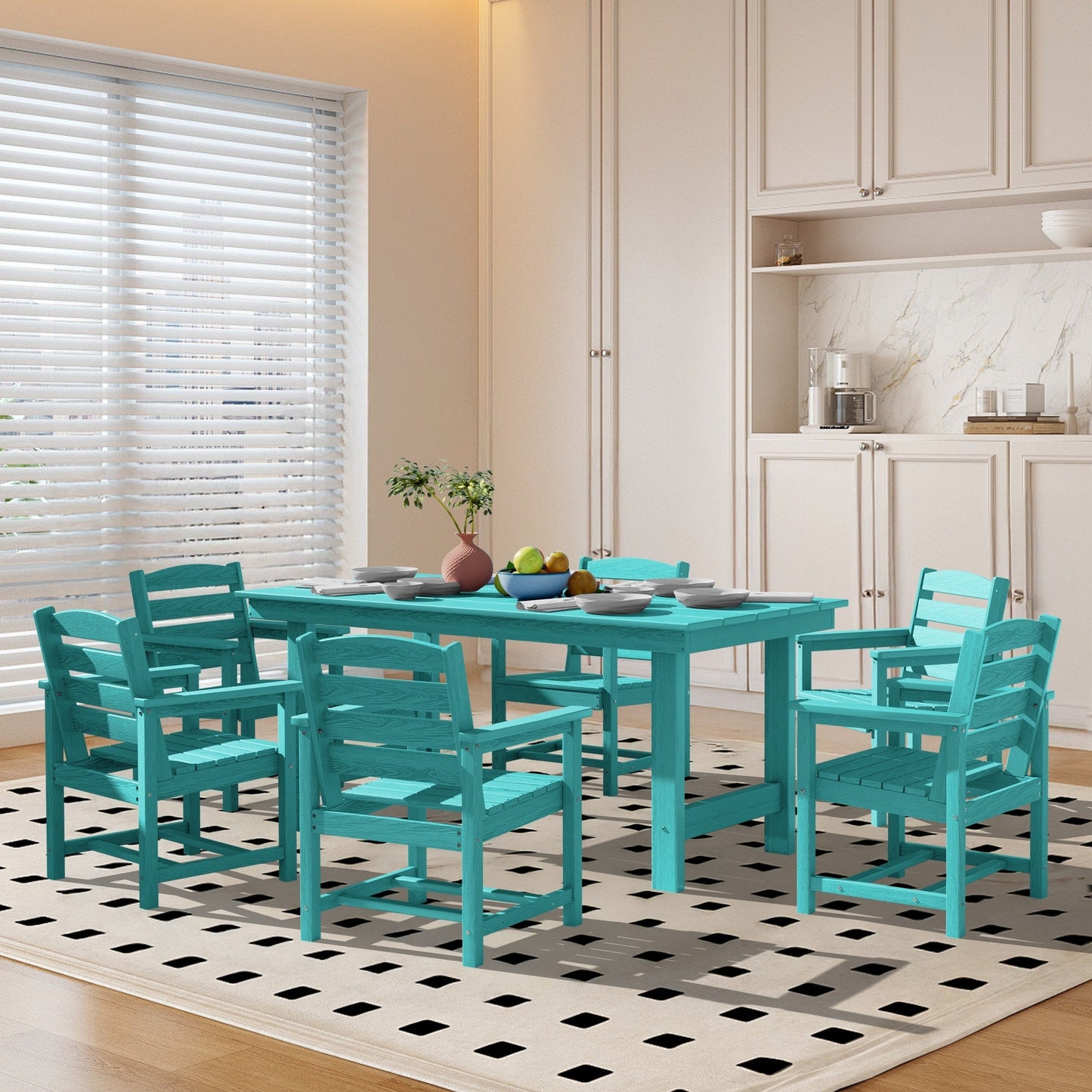 Ensemble de 7 tables à manger d'extérieur en PEHD avec trou pour parasol - 1 table et 6 chaises