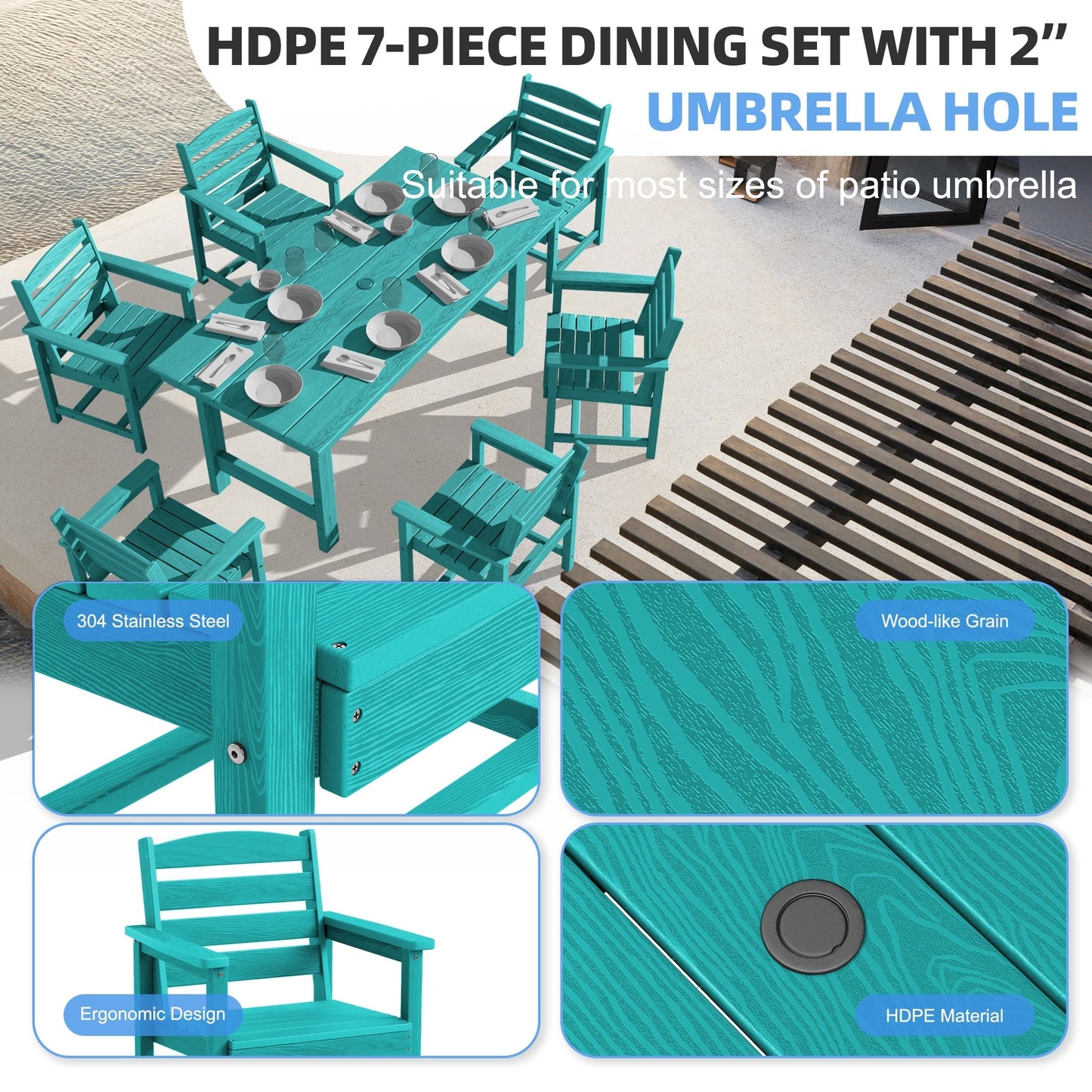 Ensemble de 7 tables à manger d'extérieur en PEHD avec trou pour parasol - 1 table et 6 chaises