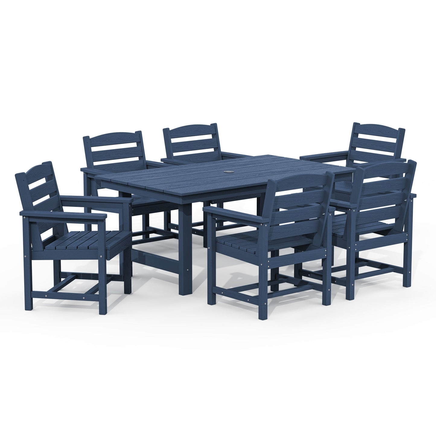 Ensemble de 7 tables à manger d'extérieur en PEHD avec trou pour parasol - 1 table et 6 chaises