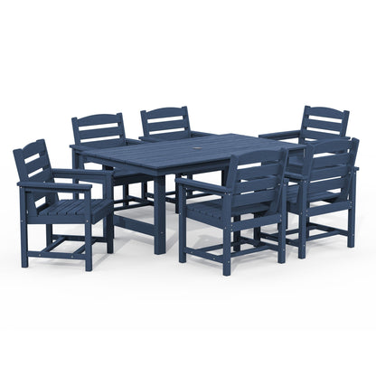 Ensemble de 7 tables à manger d'extérieur en PEHD avec trou pour parasol - 1 table et 6 chaises