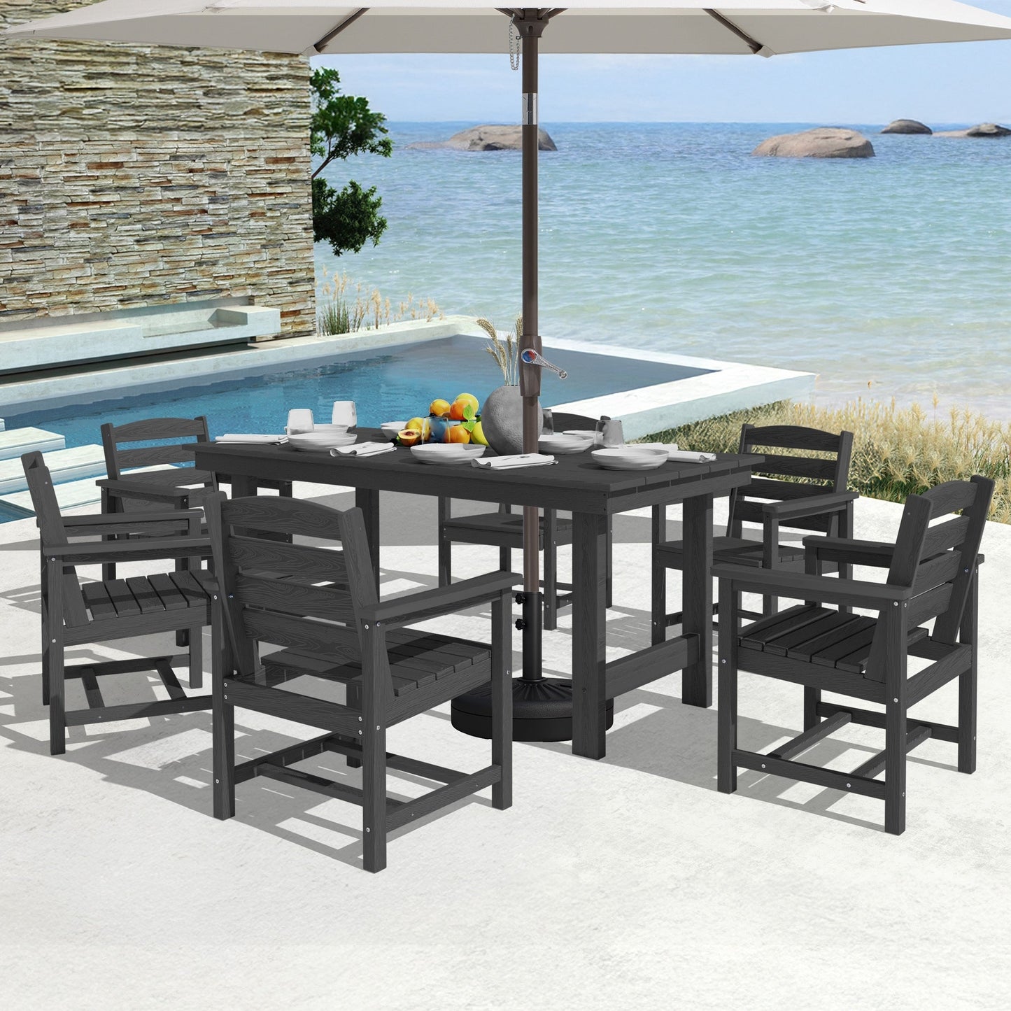 Ensemble de 7 tables à manger d'extérieur en PEHD avec trou pour parasol - 1 table et 6 chaises