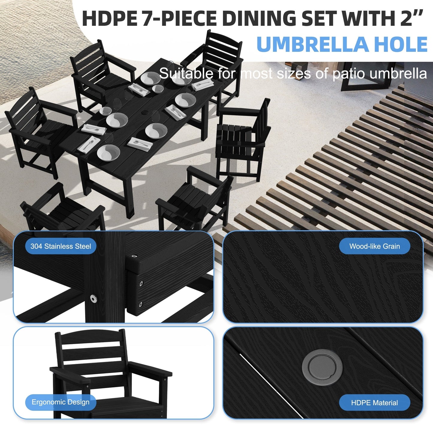 Ensemble de 7 tables à manger d'extérieur en PEHD avec trou pour parasol - 1 table et 6 chaises
