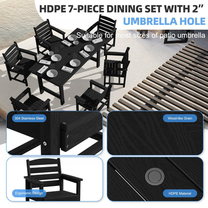 Ensemble de 7 tables à manger d'extérieur en PEHD avec trou pour parasol - 1 table et 6 chaises