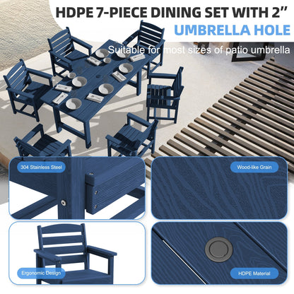 Ensemble de 7 tables à manger d'extérieur en PEHD avec trou pour parasol - 1 table et 6 chaises