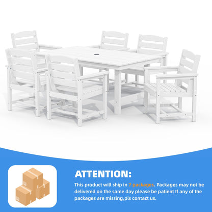 Ensemble de 7 tables à manger d'extérieur en PEHD avec trou pour parasol - 1 table et 6 chaises
