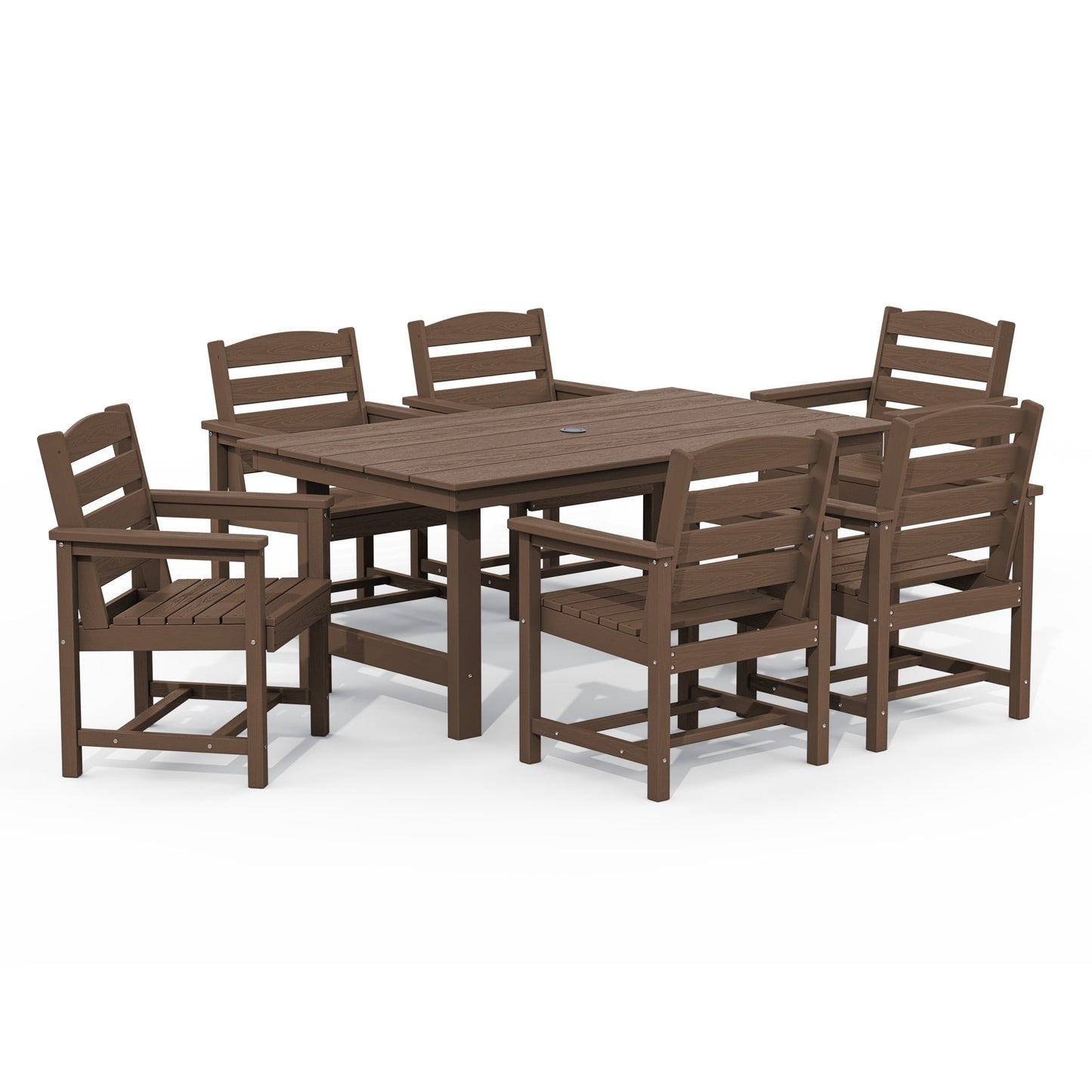 Ensemble de 7 tables à manger d'extérieur en PEHD avec trou pour parasol - 1 table et 6 chaises