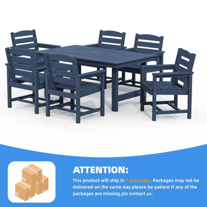 Ensemble de 7 tables à manger d'extérieur en PEHD avec trou pour parasol - 1 table et 6 chaises