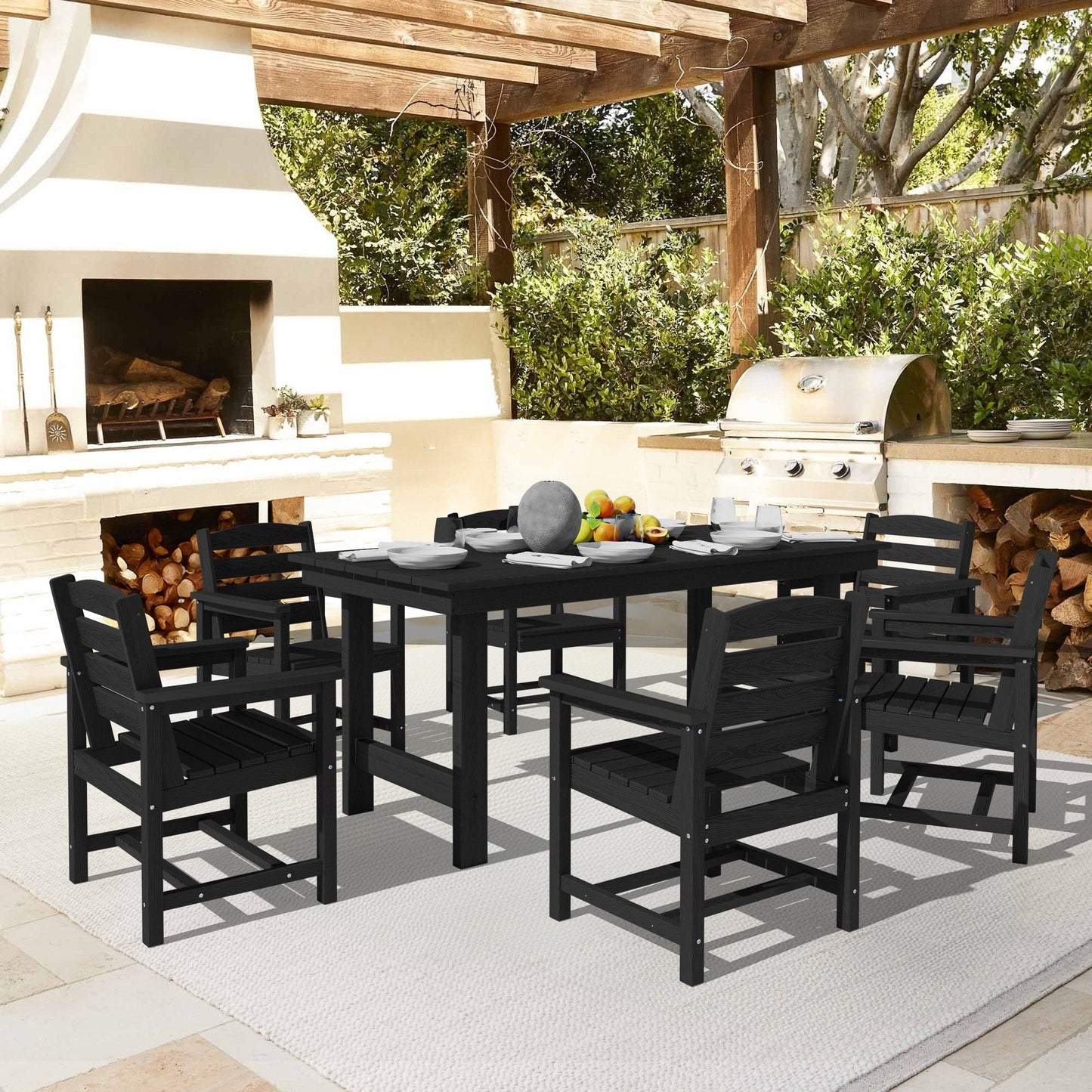 Ensemble de 7 tables à manger d'extérieur en PEHD avec trou pour parasol - 1 table et 6 chaises