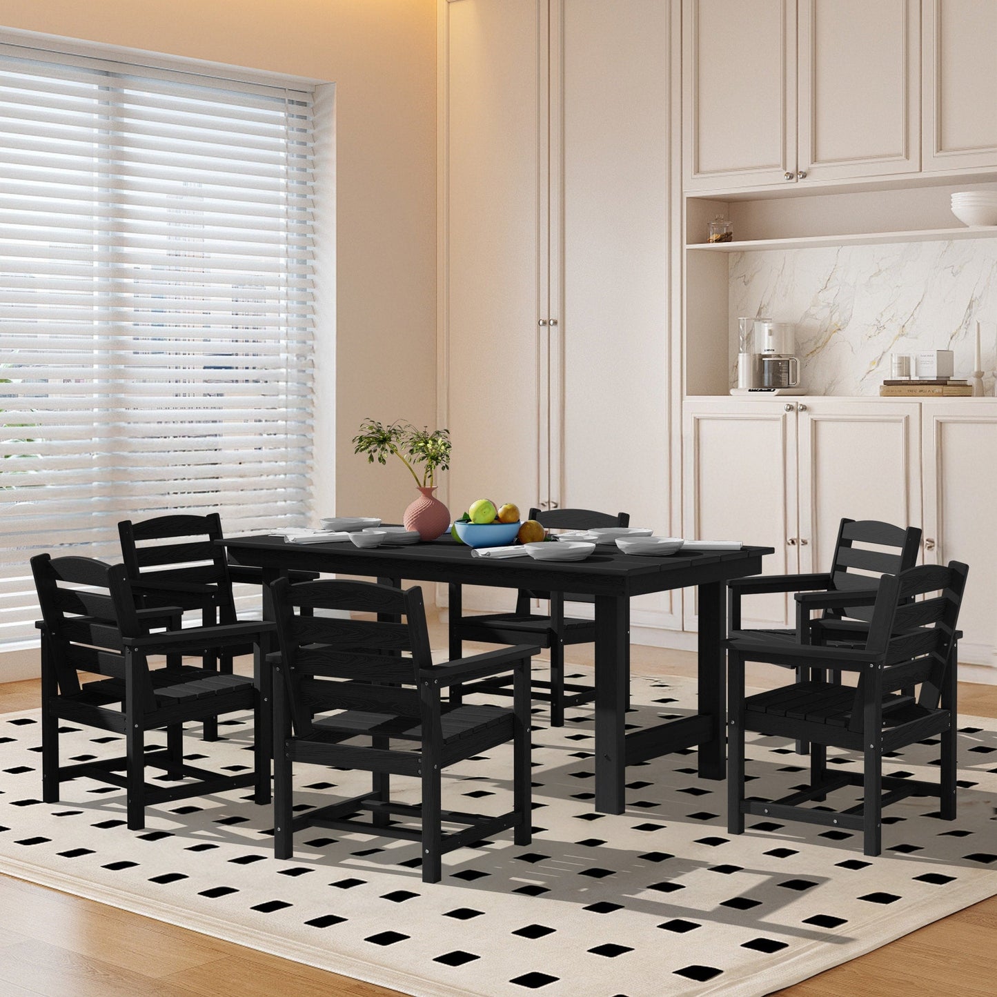 Ensemble de 7 tables à manger d'extérieur en PEHD avec trou pour parasol - 1 table et 6 chaises