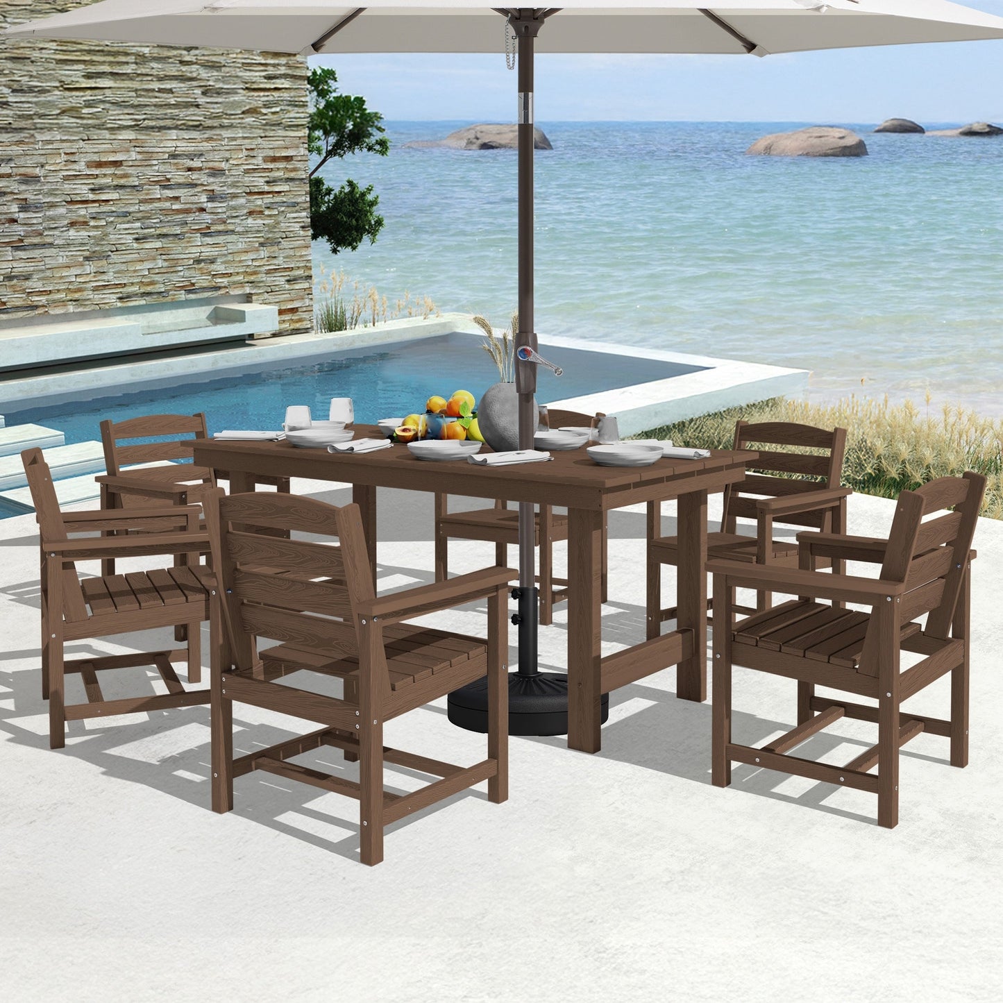 Ensemble de 7 tables à manger d'extérieur en PEHD avec trou pour parasol - 1 table et 6 chaises