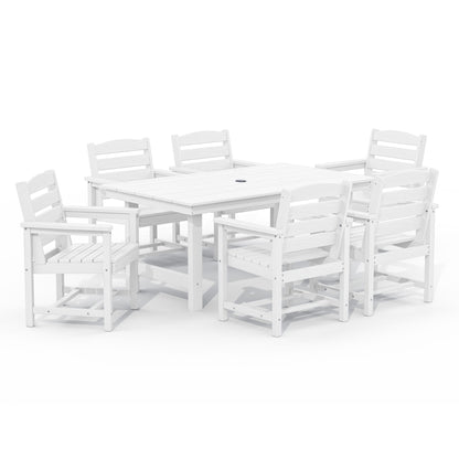Ensemble de 7 tables à manger d'extérieur en PEHD avec trou pour parasol - 1 table et 6 chaises