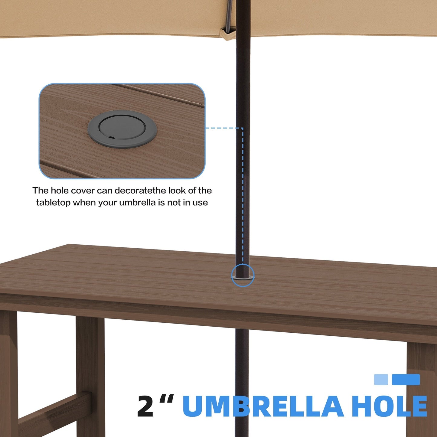 Ensemble de 7 tables à manger d'extérieur en PEHD avec trou pour parasol - 1 table et 6 chaises