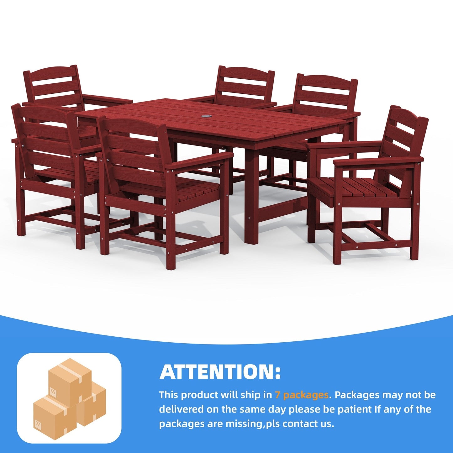 Ensemble de 7 tables à manger d'extérieur en PEHD avec trou pour parasol - 1 table et 6 chaises