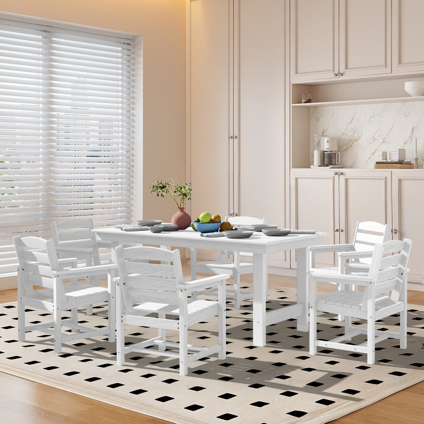 Ensemble de 7 tables à manger d'extérieur en PEHD avec trou pour parasol - 1 table et 6 chaises