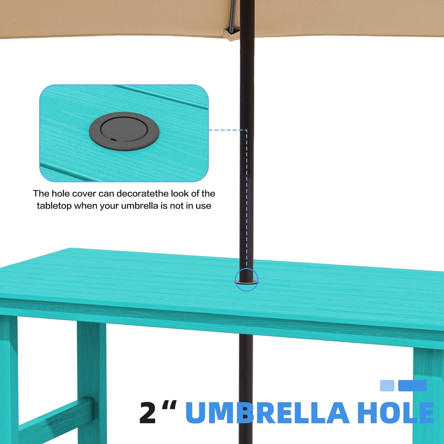 Ensemble de 7 tables à manger d'extérieur en PEHD avec trou pour parasol - 1 table et 6 chaises