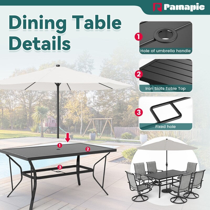 Ensemble de salle à manger d'extérieur en métal 7 pièces avec table rectangulaire et chaises pivotantes en textilène