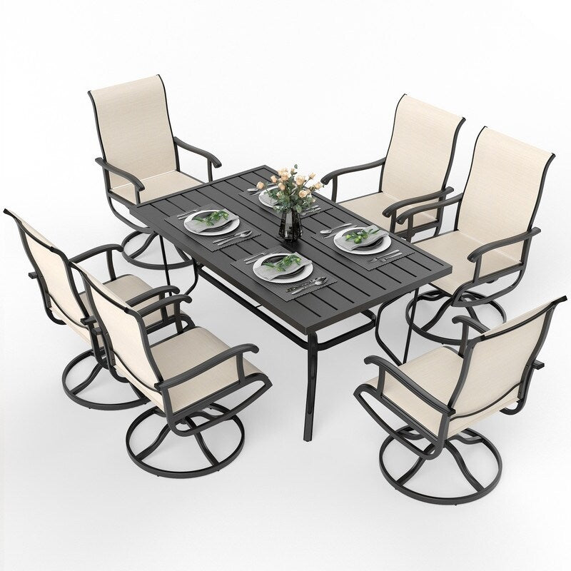 Ensemble de salle à manger d'extérieur en métal 7 pièces avec table rectangulaire et chaises pivotantes en textilène