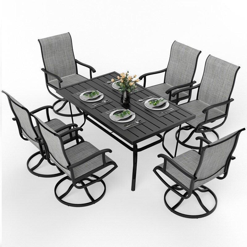 Ensemble de salle à manger d'extérieur en métal 7 pièces avec table rectangulaire et chaises pivotantes en textilène
