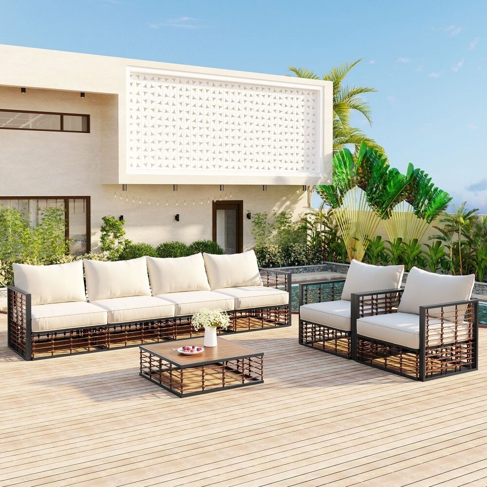 Ensemble de canapés sectionnels en métal 7 pièces pour patio, mobilier de jardin toutes saisons avec coussins épais et table basse