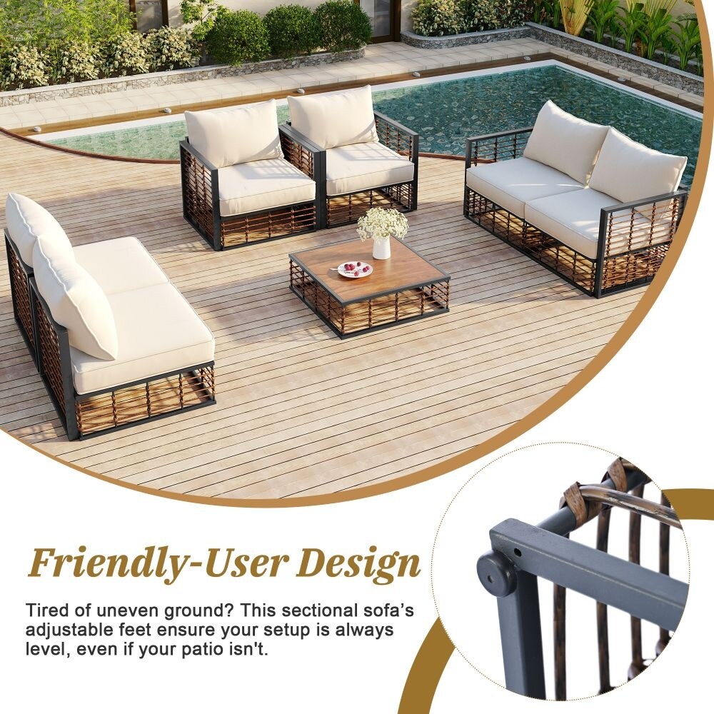 Ensemble de canapés sectionnels en métal 7 pièces pour patio, mobilier de jardin toutes saisons avec coussins épais et table basse