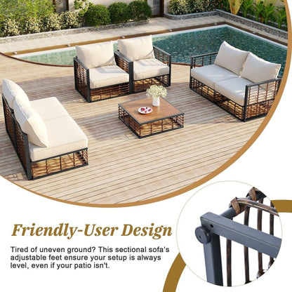 Ensemble de canapés sectionnels en métal 7 pièces pour patio, mobilier de jardin toutes saisons avec coussins épais et table basse