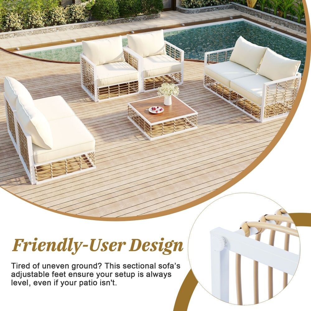 Ensemble de canapés sectionnels en métal 7 pièces pour patio, mobilier de jardin toutes saisons avec coussins épais et table basse